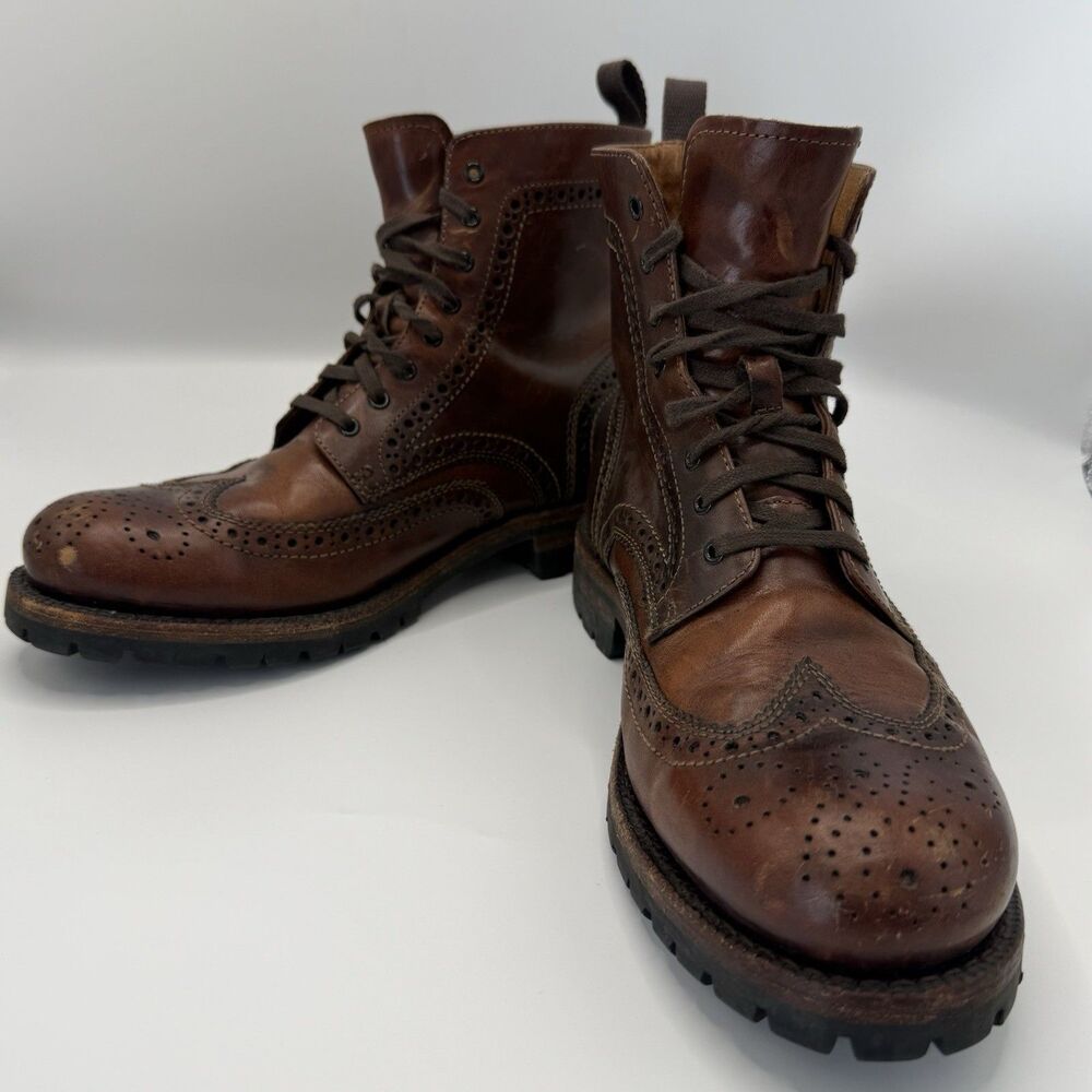 Frye James Lug Wingtip Boots Mens 8.5 Style 3484128 Cognac Leather Brogue